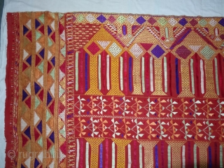 Phulkari From East(Punjab) India.Known as Darshan Dwar. Handspun cotton plain weave (khaddar) with silk and cotton embroidery,Showing the Folk Culture and Art of Punjab. Its size is 128cmX235cm(DSC03991 New).    