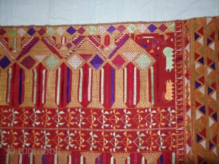 Phulkari From East(Punjab) India.Known as Darshan Dwar. Handspun cotton plain weave (khaddar) with silk and cotton embroidery,Showing the Folk Culture and Art of Punjab. Its size is 128cmX235cm(DSC03991 New).    