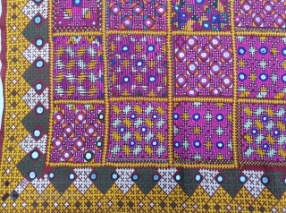 Dowry cloth,Mahar group,From Jaisalmer District of Rajasthan. India.Cotton embroidered with silk and cotton with mirrors.Its size is 50cmX56cm(20191214_150653).               