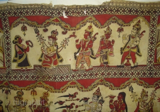 An Rare Ramayana Temple hanging Chintz Kalamkari, Hand-Drawn Mordant-And Resist-Dyed Cotton, From  Masulipatnam  South India. India. 

This ceremonial hanging shows a scene from the Hindu epic the Ramayana (‘the story of Rama’). Here Prince Rama and  ...