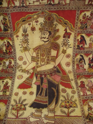 An Rare Ramayana Temple hanging Chintz Kalamkari, Hand-Drawn Mordant-And Resist-Dyed Cotton, From  Masulipatnam  South India. India. 

This ceremonial hanging shows a scene from the Hindu epic the Ramayana (‘the story of Rama’). Here Prince Rama and  ...