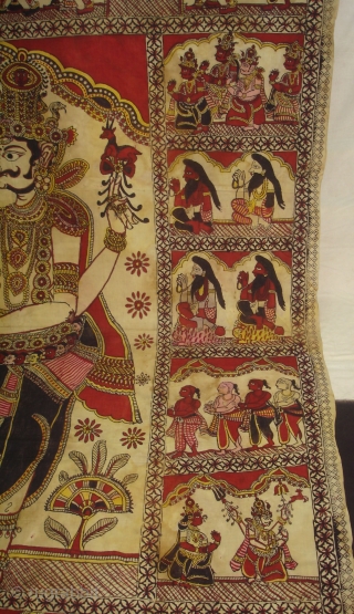 An Rare Ramayana Temple hanging Chintz Kalamkari, Hand-Drawn Mordant-And Resist-Dyed Cotton, From  Masulipatnam  South India. India. 

This ceremonial hanging shows a scene from the Hindu epic the Ramayana (‘the story of Rama’). Here Prince Rama and  ...