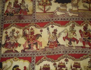 An Rare Ramayana Temple hanging Chintz Kalamkari, Hand-Drawn Mordant-And Resist-Dyed Cotton, From  Masulipatnam  South India. India. 

This ceremonial hanging shows a scene from the Hindu epic the Ramayana (‘the story of Rama’). Here Prince Rama and  ...