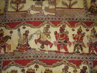 An Rare Ramayana Temple hanging Chintz Kalamkari, Hand-Drawn Mordant-And Resist-Dyed Cotton, From  Masulipatnam  South India. India. 

This ceremonial hanging shows a scene from the Hindu epic the Ramayana (‘the story of Rama’). Here Prince Rama and  ...
