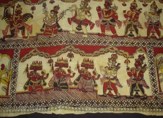 An Rare Ramayana Temple hanging Chintz Kalamkari, Hand-Drawn Mordant-And Resist-Dyed Cotton, From  Masulipatnam  South India. India. 

This ceremonial hanging shows a scene from the Hindu epic the Ramayana (‘the story of Rama’). Here Prince Rama and  ...