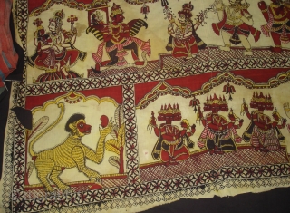 An Rare Ramayana Temple hanging Chintz Kalamkari, Hand-Drawn Mordant-And Resist-Dyed Cotton, From  Masulipatnam  South India. India. 

This ceremonial hanging shows a scene from the Hindu epic the Ramayana (‘the story of Rama’). Here Prince Rama and  ...