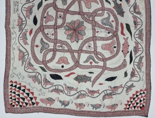 Very Rare and unique Yog Kundali Kantha, Showing the Snake , Mandala ,Birds and Elephant   Very Fine embroidered cotton Kantha Probably from the Region of East Bengal (India) Undivided Bengal.  ...