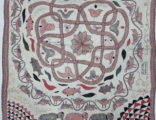 Very Rare and unique Yog Kundali Kantha, Showing the Snake , Mandala ,Birds and Elephant   Very Fine embroidered cotton Kantha Probably from the Region of East Bengal (India) Undivided Bengal.  ...