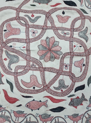 Very Rare and unique Yog Kundali Kantha, Showing the Snake , Mandala ,Birds and Elephant   Very Fine embroidered cotton Kantha Probably from the Region of East Bengal (India) Undivided Bengal.  ...