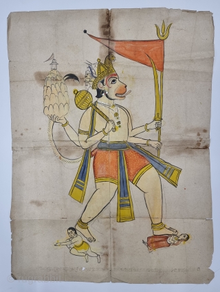 An Rare And Unique  Hanuman Tantric Ritual Drawing  Pataka. From Rajasthan India.

C.1850-1875.

Its size is 52cmX71cm (20221217_161718).
               