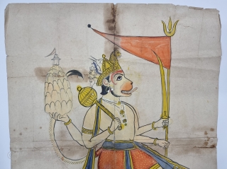 An Rare And Unique  Hanuman Tantric Ritual Drawing  Pataka. From Rajasthan India.

C.1850-1875.

Its size is 52cmX71cm (20221217_161718).
               