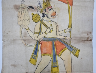 An Rare And Unique  Hanuman Tantric Ritual Drawing  Pataka. From Rajasthan India.

C.1850-1875.

Its size is 52cmX71cm (20221217_161718).
               