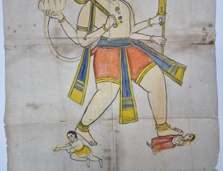 An Rare And Unique  Hanuman Tantric Ritual Drawing  Pataka. From Rajasthan India.

C.1850-1875.

Its size is 52cmX71cm (20221217_161718).
               