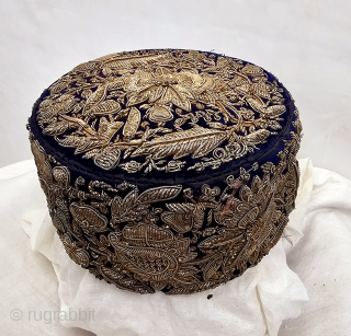 Nawabi Topi (Hat) Zardozi Embroidered on cotton velvet, With Real Silver Thread with Gold Polish, From Varanasi, Uttar Pradesh,
India. India.

Late 19th Century (20241215_171001).          
