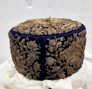 Nawabi Topi (Hat) Zardozi Embroidered on cotton velvet, With Real Silver Thread with Gold Polish, From Varanasi, Uttar Pradesh,
India. India.

Late 19th Century (20241215_171001).          