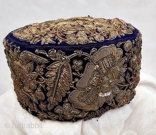 Nawabi Topi (Hat) Zardozi Embroidered on cotton velvet, With Real Silver Thread with Gold Polish, From Varanasi, Uttar Pradesh,
India. India.

Late 19th Century (20241215_171001).          