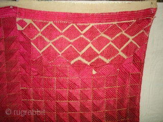 Phulkari From West(Pakistan)Punjab.India.known As Wedding Thirma(Pink)Bagh.Rare And Early Thirma(Pink)Bagh.Showing the Embroidery change for Nazar in the Right Corner(DSC05378 New).              