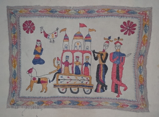 Folk Kantha Quilted and embroidered cotton Kantha Probably from West Bengal region of India, India. Its size is 34cmX46cm.Showing the Folk style of Rath-Yatra from Jagnath Puri(20191220_142054).      