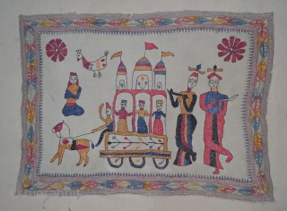 Folk Kantha Quilted and embroidered cotton Kantha Probably from West Bengal region of India, India. Its size is 34cmX46cm.Showing the Folk style of Rath-Yatra from Jagnath Puri(20191220_142054).      