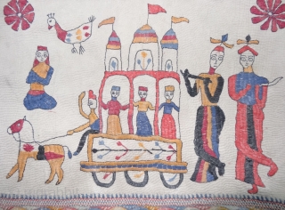 Folk Kantha Quilted and embroidered cotton Kantha Probably from West Bengal region of India, India. Its size is 34cmX46cm.Showing the Folk style of Rath-Yatra from Jagnath Puri(20191220_142054).      