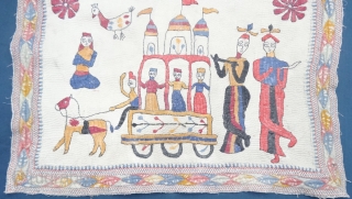 Folk Kantha Quilted and embroidered cotton Kantha Probably from West Bengal region of India, India. Its size is 34cmX46cm.Showing the Folk style of Rath-Yatra from Jagnath Puri(20191220_142054).      