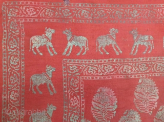 Pichwai of GopaShtami (Festival of Cows),  From Gujarat India. India. C.1900. Silver Tinsel-Print on Red Muslin Cotton. Its size is 95cmX105cm (20201214_142132).          