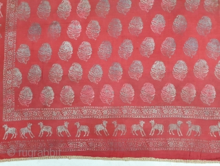 Pichwai of GopaShtami (Festival of Cows),  From Gujarat India. India. C.1900. Silver Tinsel-Print on Red Muslin Cotton. Its size is 95cmX105cm (20201214_142132).          