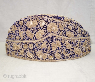 Nawabi Topi (Hat) Zardozi Embroidered on cotton velvet, With Real Silver Thread with Gold Polish, From Varanasi, Uttar Pradesh, India. India.Late19th Century.
           