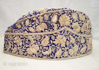 Nawabi Topi (Hat) Zardozi Embroidered on cotton velvet, With Real Silver Thread with Gold Polish, From Varanasi, Uttar Pradesh, India. India.Late19th Century.
           