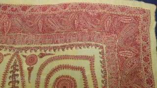 Kashmir Embroidered Square shawl (Rumal). Paisley Boteh Motifs in An Elegant stately Platte. From Kashmir, India. It has some Repairs and it has Old Backing Cloth Of Pashmina.
C.1860-1875.
Its size is 151cmX160cm(DSC09589).      