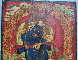 Dramatically Tibetan Buddhist Hand Painted Wood Panel depicting symbols of Tibetan mythology such as Tigers Dragons and Lamas From Tibet.

 c.1875-1900. 

Its size is 59cmX82cm (20221211_163615).       