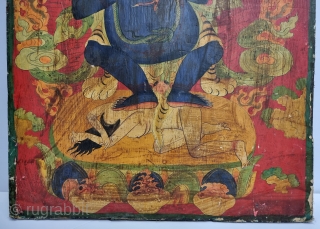 Dramatically Tibetan Buddhist Hand Painted Wood Panel depicting symbols of Tibetan mythology such as Tigers Dragons and Lamas From Tibet.

 c.1875-1900. 

Its size is 59cmX82cm (20221211_163615).       
