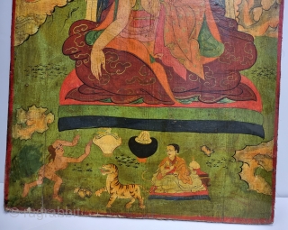 Dramatically Tibetan Buddhist Hand Painted Wood Panel depicting symbols of Tibetan mythology such as Tigers Dragons and Lamas From Tibet. c.1875-1900.

 Its size is 66cmX90cm (20221211_164155).       