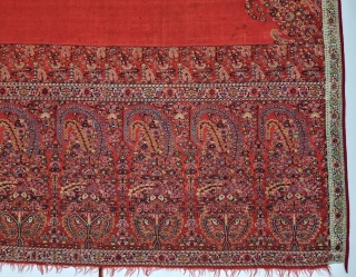 
An Unique And Rare Jaipuri Floral Palledar Shawl of Kani Jamawar, From Kashmir, India.

 C.1815-1825. 

Its Size is 125cmx285cm.

Pallu Size 45cmX115cm 
(Each Buta Size is 15cmX36cm).
.       