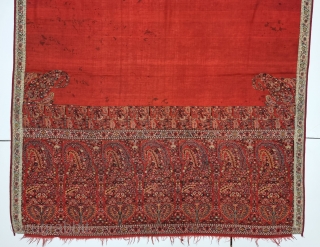 
An Unique And Rare Jaipuri Floral Palledar Shawl of Kani Jamawar, From Kashmir, India.

 C.1815-1825. 

Its Size is 125cmx285cm.

Pallu Size 45cmX115cm 
(Each Buta Size is 15cmX36cm).
.       