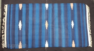 Indigo Blue,Jail Dhurrie(Cotton)Indigo Blue-Blue striped with Diamond-Motifs,Rajasthan,  India.C.1900.Its size is 104cmX192cm. Condition is very good(20181229_161703).                 