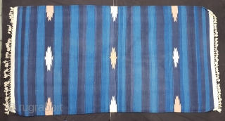 Indigo Blue,Jail Dhurrie(Cotton)Indigo Blue-Blue striped with Diamond-Motifs,Rajasthan,  India.C.1900.Its size is 104cmX192cm. Condition is very good(20181229_161703).                 