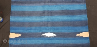 Indigo Blue,Jail Dhurrie(Cotton)Indigo Blue-Blue striped with Diamond-Motifs,Rajasthan,  India.C.1900.Its size is 104cmX192cm. Condition is very good(20181229_161703).                 