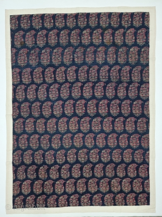 An Unique And Rare Indigo Blue Ground Color, Jaipuri Kani Jamawar Fragment From Kashmir, India.

C.1810-1825.

Its Size is 77cmx107cm.

Butas size is 6cmX9cm (20231222_130239).           