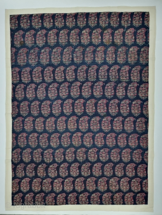 An Unique And Rare Indigo Blue Ground Color, Jaipuri Kani Jamawar Fragment From Kashmir, India.

C.1810-1825.

Its Size is 77cmx107cm.

Butas size is 6cmX9cm (20231222_130239).           