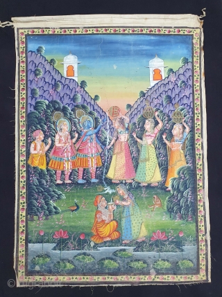 Pichwai For the Daan Lila (Extracting The Toll). From Nathdawara Rajasthan, India. India. Early 20th Century. Painted On the Cotton, Pigments Painted Heightened With Gold. Its size is 89cmX120cm(20210102_131543).    