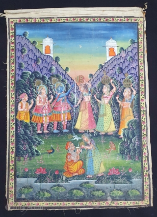 Pichwai For the Daan Lila (Extracting The Toll). From Nathdawara Rajasthan, India. India. Early 20th Century. Painted On the Cotton, Pigments Painted Heightened With Gold. Its size is 89cmX120cm(20210102_131543).    