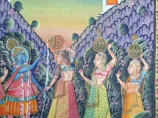 Pichwai For the Daan Lila (Extracting The Toll). From Nathdawara Rajasthan, India. India. Early 20th Century. Painted On the Cotton, Pigments Painted Heightened With Gold. Its size is 89cmX120cm(20210102_131543).    