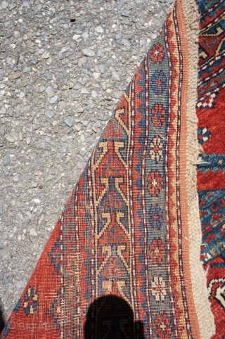 Kazak prayer rug, last quarter of the 19th C. 4' x 6' 1". All good colors with thick glossy wool. Small area of past moth damage on reverse. No rot, odor, stain  ...