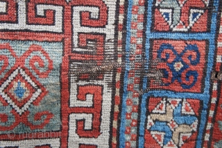 4'3" x 8'3" late 19th C. Karabagh with nicely laid out Karachopf Kazak design variant. The dyes are all typical natural colors. The ends are complete with the selvedges needing work in  ...