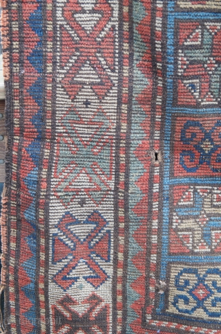 4'3" x 8'3" late 19th C. Karabagh with nicely laid out Karachopf Kazak design variant. The dyes are all typical natural colors. The ends are complete with the selvedges needing work in  ...