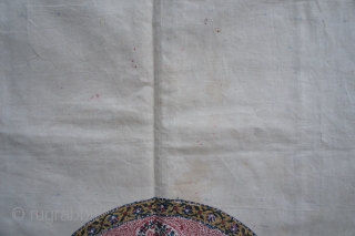 Palampore style cotton covering. Probably India. 41" x 66". I cant't date this so it is up to you. Seems painted over outlining. There is some very light staining and numerous tiny  ...