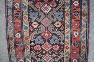 19th C. N W Persian Kurdish runner, 44" x 14'2". Cotton foundation with rich and natural colors including a soft aubergine.  The rug is straight but varies a wee bit in  ...