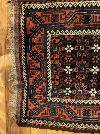 Antique Baluch rug with very good pile for rug of its age (circa 1900) and with original kilim endings. Even with slight crinkle, it can still be used on the floor. 3'  ...