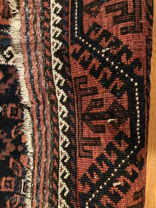Antique Baluch rug with very good pile for rug of its age (circa 1900) and with original kilim endings. Even with slight crinkle, it can still be used on the floor. 3'  ...